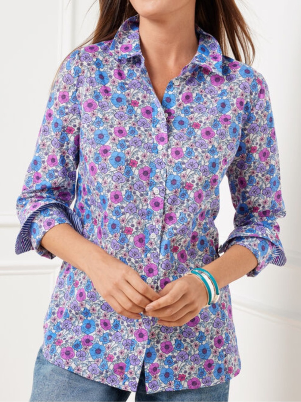 Talbots Petite SP Poppy Ditsy Floral Cotton Button Front Modern Classic Shirt